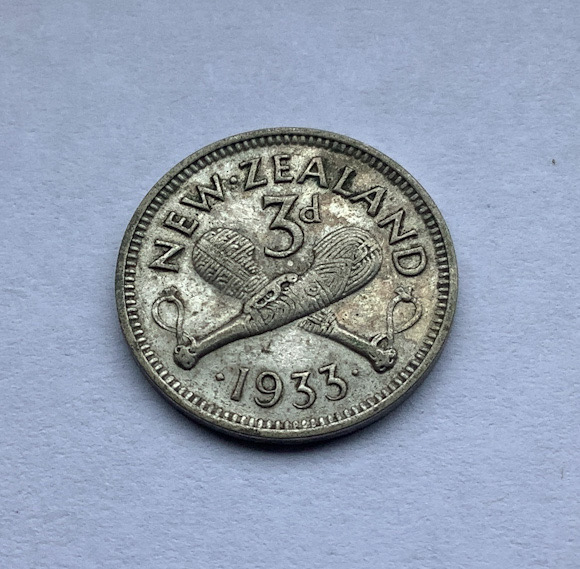 Higher grade 1933 New Zealand threepence coin .500 silver
